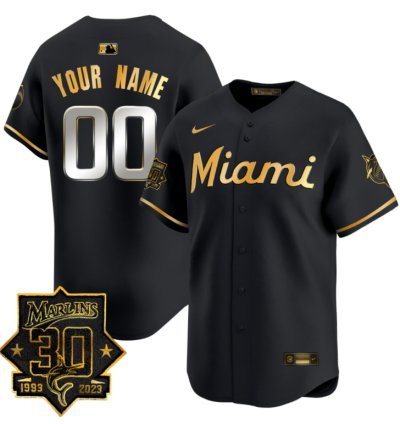 Custom Miami Marlins Jersey 30 Seasons Anniversary Patch Vapor Premier Limited Stitched Black Gold