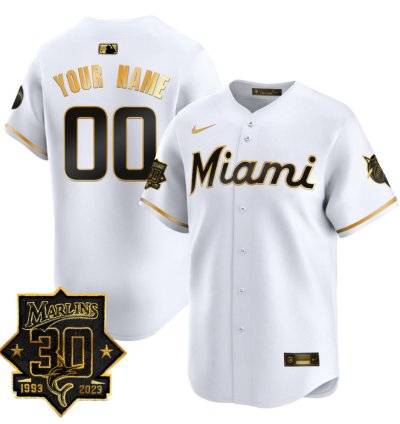 Custom Miami Marlins Jersey 30 Seasons Anniversary Patch Vapor Premier Limited Stitched White Gold