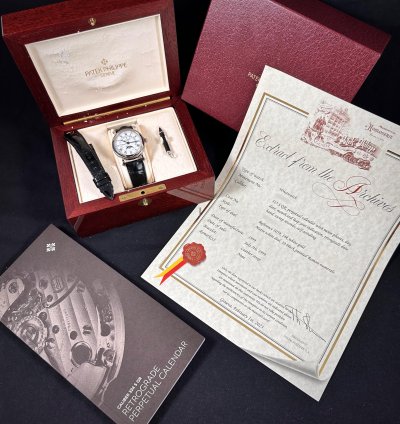 Patek Philippe Perpetual Calendar Retrograde Moonphase 18k White Gold Vintage 1990s Box Papers