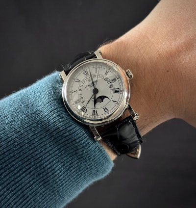 Patek Philippe Perpetual Calendar Retrograde Moonphase 18k White Gold Vintage 1990s Box Papers