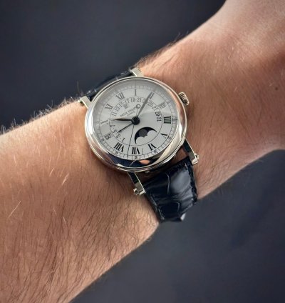 Patek Philippe Perpetual Calendar Retrograde Moonphase 18k White Gold Vintage 1990s Box Papers