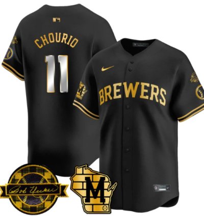 Jackson Chourio Jersey 11 Milwaukee Brewers 2025 Limited Bob Uecker Patch Stitched Black Gold