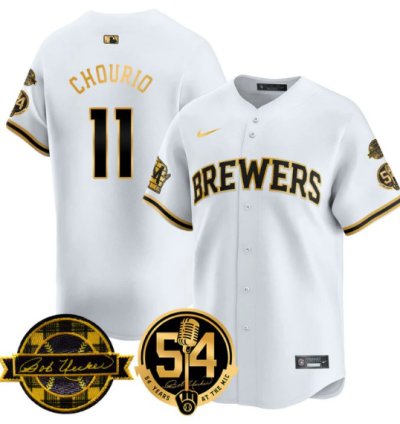 Jackson Chourio Jersey 11 Milwaukee Brewers 2025 Bob Uecker 54 Seasons White Gold