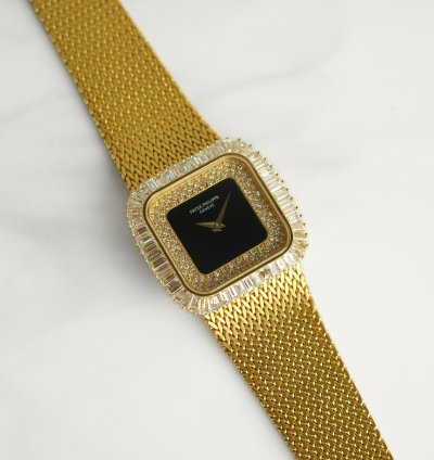Patek Philippe Vintage Baguette Diamond Onyx 18k Yellow Gold 33mm Manual Winding