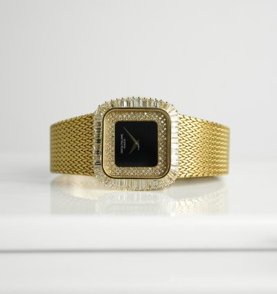 Patek Philippe Vintage Baguette Diamond Onyx 18k Yellow Gold 33mm Manual Winding