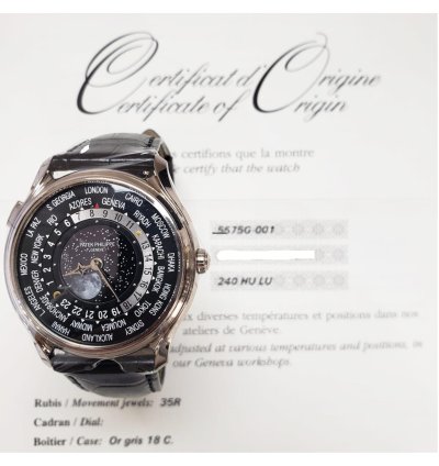 Patek Philippe World Time Anniversary 175th White Gold Black Dial 5575g-001