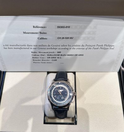 Patek Philippe World Time Chronograph Complications 5930g-010 World Time Flyback Chronograph White Gold Blue Dial 2019