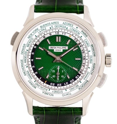 Patek Philippe World Time Chronograph Ref 5930p-001 950 Platinum Green Dial Box Papers Bj-2022 Excellent Eu