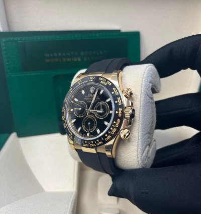 Rolex Daytona Yellow Gold Daytona 40 Watch - Black Index Dial - Black Oysterflex Strap 116518ln