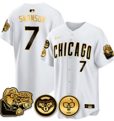 Dansby Swanson Jersey 7 Chicago Cubs Harry Caray Holy Cow Patch Premier Limited Stitched White Gold