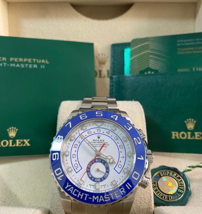 Rolex Yacht-master Ii New 2023 Unworn Yacht-master Ii Steel White Dial Blue Bezel 116680 Complete Set