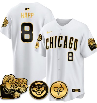 Ian Happ Jersey 8 Chicago Cubs Harry Caray Holy Cow Patch Premier Limited Stitched White Gold