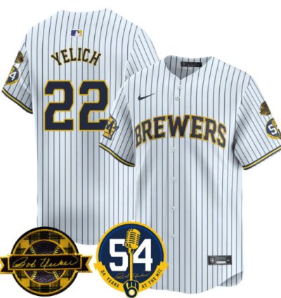 Christian Yelich Jersey 22 Milwaukee Brewers 2025 Bob Uecker 54 Seasons For Brewers Stitched White