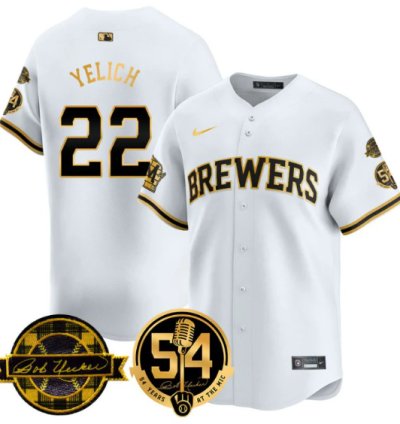 Christian Yelich Jersey 22 Milwaukee Brewers 2025 Bob Uecker 54 Seasons White Gold