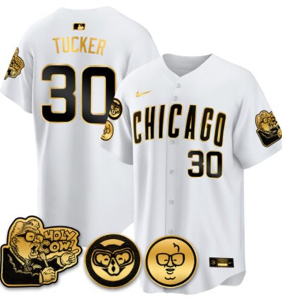 Kyle Tucker Jersey 30 Chicago Cubs Harry Caray Holy Cow Patch Premier Limited Stitched White Gold