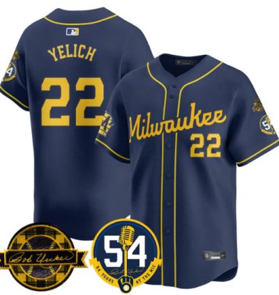 Christian Yelich Jersey 22 Milwaukee Brewers 2025 Bob Uecker 54 Seasons Navy
