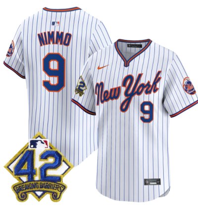 Brandon Nimmo Jersey 9 New York Mets 2025 Jackie Robinson Patch Road Alternate Stitched Pinstripe
