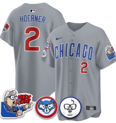 Nico Hoerner Jersey 2 Chicago Cubs Harry Caray Holy Cow Patch Premier Limited Stitched Gray