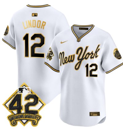 Francisco Lindor Jersey 12 New York Mets 2025 Jackie Robinson Patch Alternate Stitched White Gold