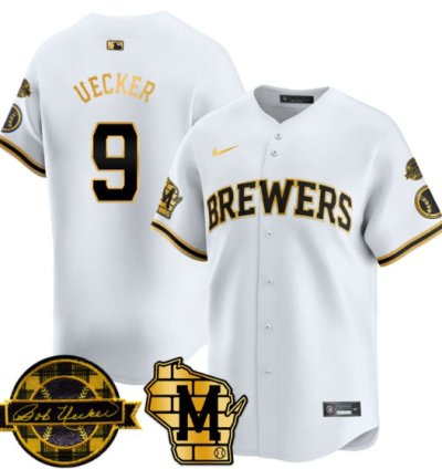 Bob Uecker Jersey 9 Milwaukee Brewers 2025 Limited Bob Uecker Patch Stitched White Gold