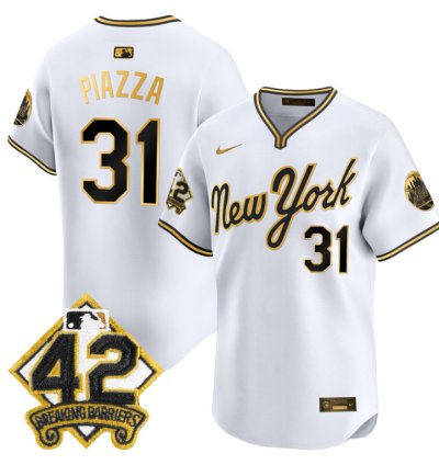 Mike Piazza Jersey 31 New York Mets 2025 Jackie Robinson Patch Road Alternate Stitched White Gold