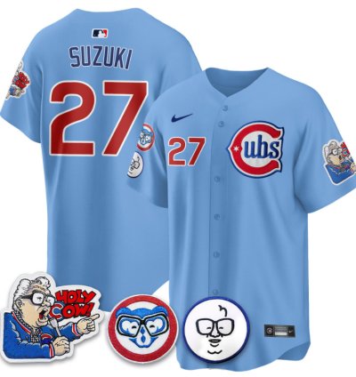 Suzuki Seiya Jersey 27 Chicago Cubs Harry Caray Holy Cow Patch Premier Limited Stitched Blue