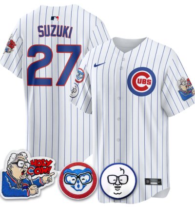 Suzuki Seiya Jersey 27 Chicago Cubs Harry Caray Holy Cow Patch Premier Limited Stitched White