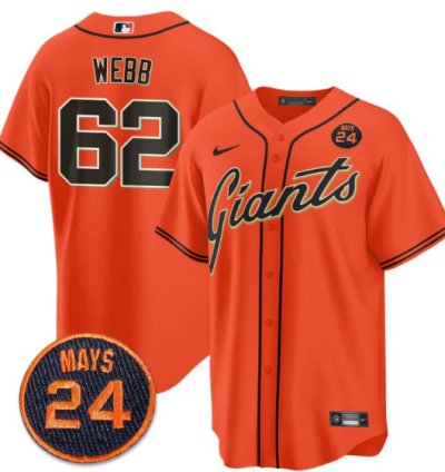 Logan Webb Jersey 62 San Francisco Giants 24 Willie Mays Patch 2024 Vapor Premier Orange