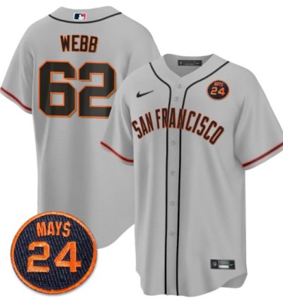 Logan Webb Jersey 62 San Francisco Giants 24 Willie Mays Patch 2024 Vapor Premier Gray