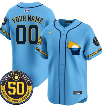 Custom Milwaukee Brewers Jersey Golden 50th Anniversary Patch Premier Limited Stitched Blue