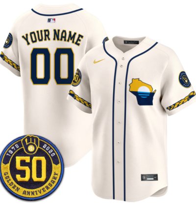 Custom Milwaukee Brewers Jersey Golden 50th Anniversary Patch Premier Limited Stitched Cream