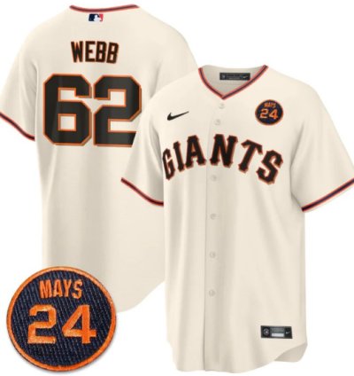 Logan Webb Jersey 62 San Francisco Giants 24 Willie Mays Patch 2024 Vapor Premier Cream Home