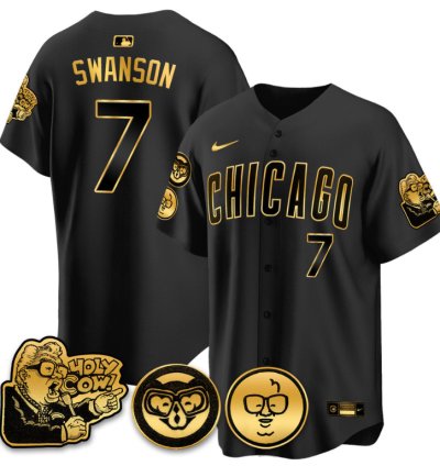 Dansby Swanson Jersey 7 Chicago Cubs Harry Caray Holy Cow Patch Premier Limited Stitched Black Gold