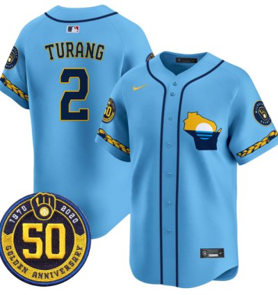 Brice Turang Jersey 2 Milwaukee Brewers Golden 50th Anniversary Patch Stitched Blue