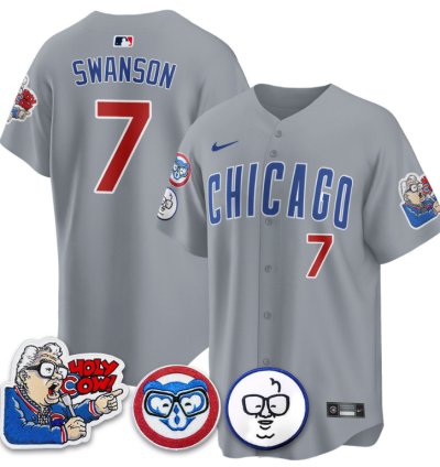 Dansby Swanson Jersey 7 Chicago Cubs Harry Caray Holy Cow Patch Premier Limited Stitched Gray
