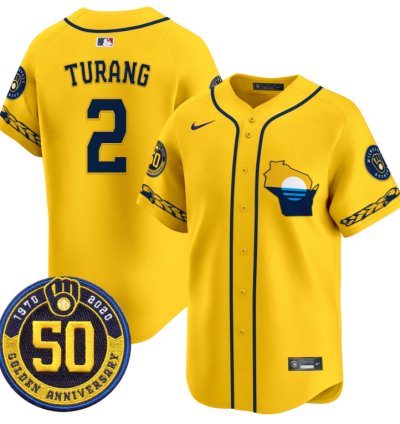 Brice Turang Jersey 2 Milwaukee Brewers Golden 50th Anniversary Patch Stitched Gold