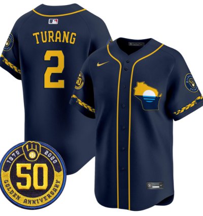 Brice Turang Jersey 2 Milwaukee Brewers Golden 50th Anniversary Patch Stitched Navy