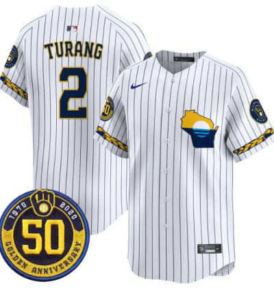 Brice Turang Jersey 2 Milwaukee Brewers Golden 50th Anniversary Patch Stitched Pinstripe