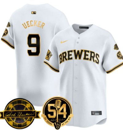 Bob Uecker Jersey 9 Milwaukee Brewers 2025 Bob Uecker 54 Seasons For Brewers Stitched White Gold