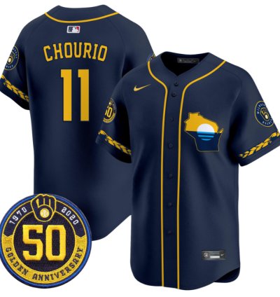 Jackson Chourio Jersey 11 Milwaukee Brewers Golden 50th Anniversary Patch Stitched Navy