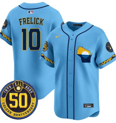 Sal Frelick Jersey 10 Milwaukee Brewers Golden 50th Anniversary Patch Stitched Blue