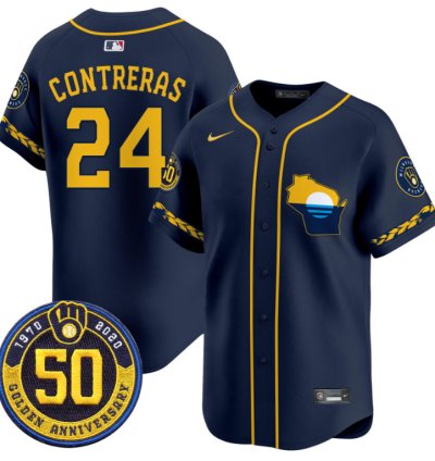 William Contreras Jersey 24 Milwaukee Brewers Golden 50th Anniversary Patch Stitched Navy