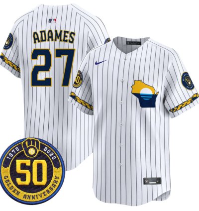 Willy Adames Jersey 27 Milwaukee Brewers Golden 50th Anniversary Patch Stitched Pinstripe