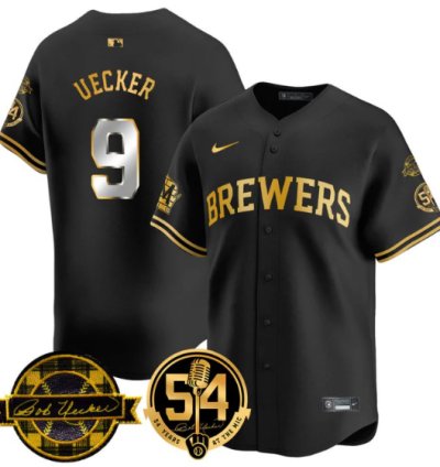 Bob Uecker Jersey 9 Milwaukee Brewers 2025 Bob Uecker 54 Seasons For Brewers Stitched Black Gold