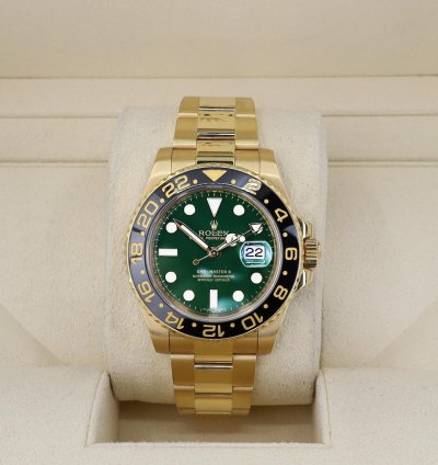 Rolex Gmt-master Ii 18k Yellow Gold Black Bezel Green Dial Oyster Band