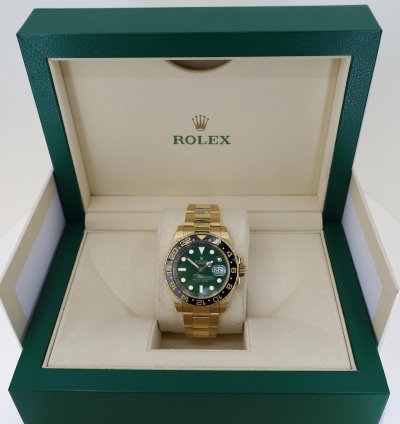 Rolex Gmt-master Ii 18k Yellow Gold Black Bezel Green Dial Oyster Band