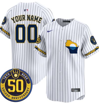 Custom Milwaukee Brewers Jersey Golden 50th Anniversary Patch Premier Limited Stitched Pinstripe