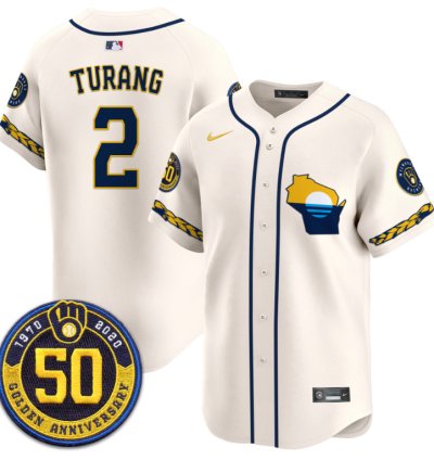 Brice Turang Jersey 2 Milwaukee Brewers Golden 50th Anniversary Patch Stitched Cream
