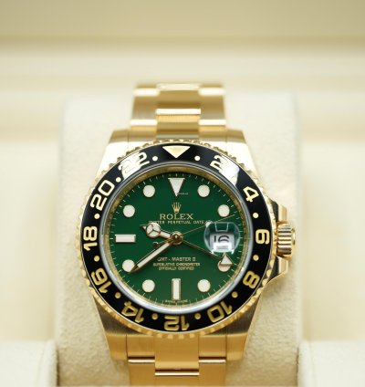 Rolex Gmt-master Ii 2018 Yellow Gold Gmt-master Ii Green Dial Discontinued Unworn Box And Papers 116718ln