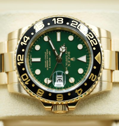 Rolex Gmt-master Ii 2018 Yellow Gold Gmt-master Ii Green Dial Discontinued Unworn Box And Papers 116718ln